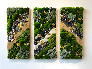 A triptych of green moss, river pebbles and sand with gold accents on a white wall