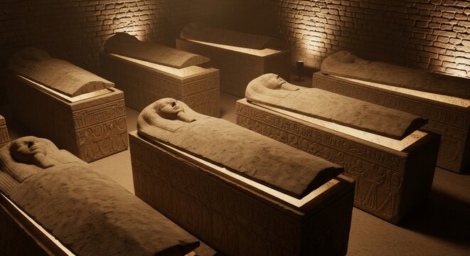 Ancient Egyptian stone sarcophagi in a dark tomb, rows of carved granite coffins in a burial chamber, mysterious archaeological vault with pharaoh tombs