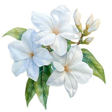 Stephanotis Flower, clipart vector in watercolor style with flowing brushwork, isolated on a white background.