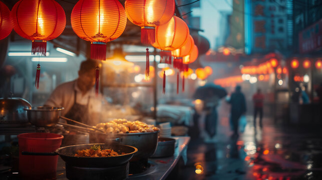 Steaming street food cooking in wok pan at night market with red lanterns for Chinese New Year festival concept