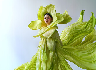 Fashion editorial Concept. Asian Glowing skin girl wearing lime green bright flowing tulle pleated high fashion couture swirling dress. copy text space