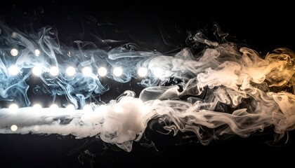 Illuminated bulbs streak across a black background, with vibrant smoke effects creating artistic clouds and trails with lighting and hue