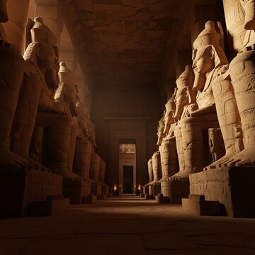 Interior view of temple of ramses ii at abu simbel with statues lining the corridor and doorway