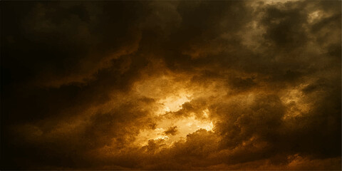 Dramatic fire and smoke erupt across a dark stormy sky as sunset light pierces through black clouds and an overcast atmosphere during a summer weather timelapse