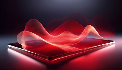 futuristic transparent tablet levitating above surface with glowing red digital wave advanced technology innovation artificial intelligence modern design minimal background