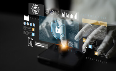 Explore a futuristic concept of cybersecurity featuring a digital lock and user interface that emphasizes data protection and AI interaction in a modern tech landscape. Gantry