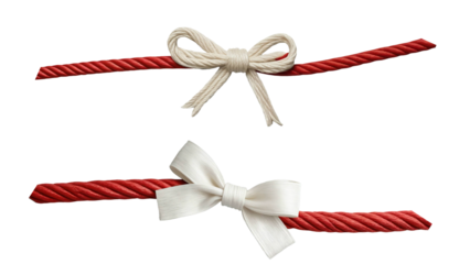 white ribbon bows tied around red ropes, often used for decoration or gift wrapping. 
