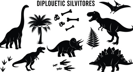 Dinosaur silhouettes collection, prehistoric animals, fossil bones, Jurassic creatures, vector illustration set, black dinosaur icons, ancient wildlife design