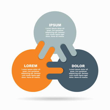 Three interlocking circular infographic elements with hand shapes, symbolizing collaboration, unity, or shared concepts. Vector.