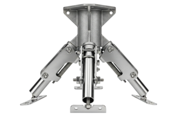 Industrial heavy-duty metal tripod base with mechanical springs on a transparent background