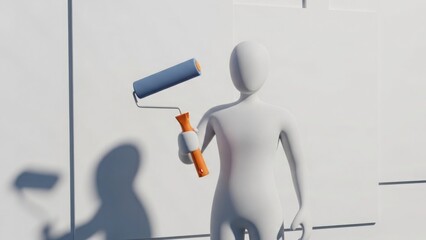Fototapeta premium White figure holding paint roller 3d isolated on white background 2025 2026 download 1
