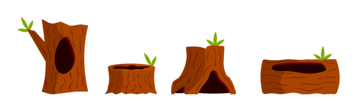 Set of variation brown tree hollow trunk vector illustration isolated on white background