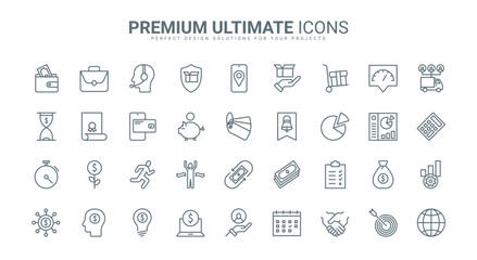 Economy, finance and money thin line icons set vector illustration. Abstract outline electronic wallet, piggy bank and currency flow, handshake and payment, shopping delivery protection in mobile app