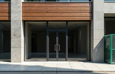 Fototapeta premium Modern storefront with concrete pillars and wood slats above large glass doors. Building facade combines classic and contemporary architectural elements. Empty interior visible through clear windows.