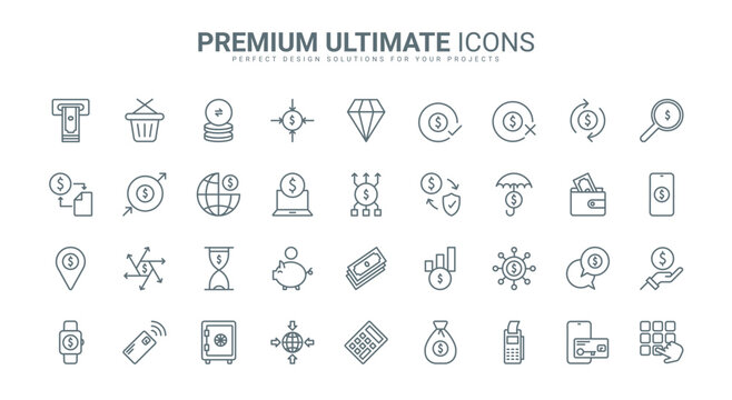 Digital payment, money payment and transaction thin line icons set vector illustration. Abstract outline virtual wallet and banking mobile app, piggy bank and protection for transfers and earnings