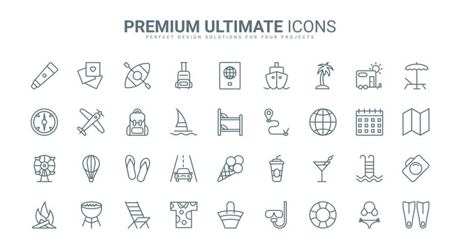 Summer beach vacation, outdoor tourism and travel holidays thin line icons set vector illustration. Outline palm tree and passport for airplane or ship trip, backpack and luggage, compass and camera