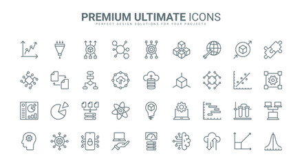 Data report and science model research, deep analysis with AI thin line icons set vector illustration. Abstract outline machine learning, probability calculation, algorithms and system prediction