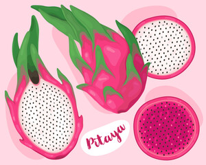 Dragon fruit, pitaya. Tropical exotic fruit. Half, whole and slice of fresh, ripe dragon fruit.