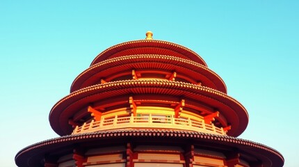 The intricate red tiered roof of an ancient chinese pagoda rises against a clear blue sky