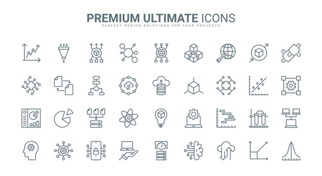 Data report and science model research, deep analysis with AI thin line icons set vector illustration. Abstract outline machine learning, probability calculation, algorithms and system prediction