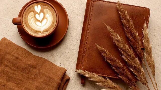 A cozy flat lay of a coffee cup with latte art, a brown leather journal, and dried grass on a neutral background.