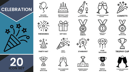 Celebration and party outline icon set featuring festive elements for various events Vector