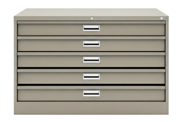 Wide grey metal storage cabinet with five large flat file drawers on a transparent background