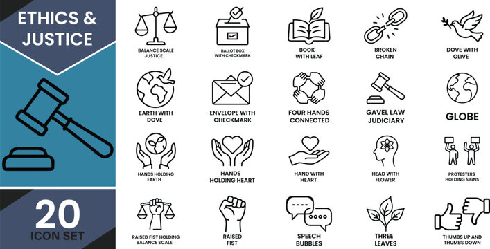 A comprehensive set of outline icons representing ethics, justice, and social responsibility Vector