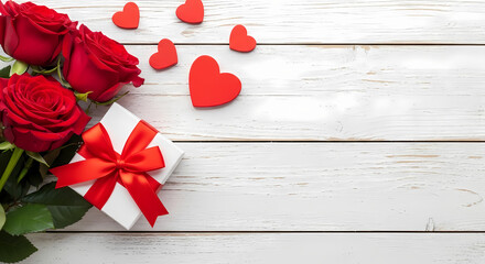 Roses and gift box on white wooden table for valentines day celebration
