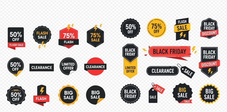 Collection of various sale and discount tags, badges, and labels for promotions and marketing.