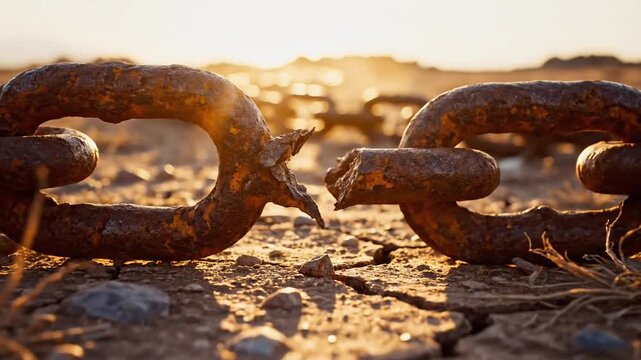 Close Up Of A Broken Rusty Metal Chain Lying On Dry Cracked Earth At Sunset With Golden Sunlight And Lens Flare