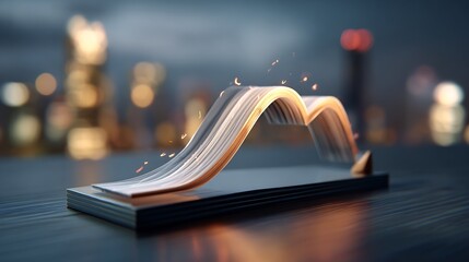 Conceptual representation of upward growth and progress with shimmering light effects against a blurred urban backdrop, showcasing dynamic business development and future success.