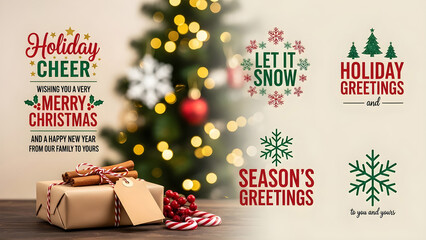 Collection of festive holiday greeting card designs featuring typography and seasonal elements against bokeh lights on transparent background