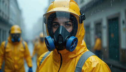 Hazmat team worker wears yellow protective suit, gas mask in rain. Respond to emergency situation in urban street. Safety operation under critical conditions. Team works with personnel members.