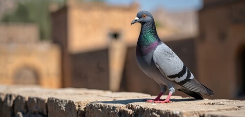 A single grey pigeon stands on a stone wall, its iridescent neck feathers shining. Buildings are blurred in the background under a bright sky. Bird looks alert, watchful, ready to fly.