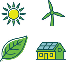 Eco friendly energy icons set with sun wind turbine leaf and green house sustainability renewable flat vector illustration