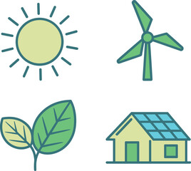 Eco friendly energy icons set with sun wind turbine leaf and green house sustainability renewable flat vector illustration