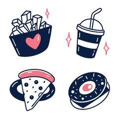 Hand Drawn Fast Food and Snack Vector Icon Set with Fries Pizza and Donut
