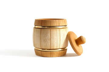 A wooden decorative barrel with a lid stands on a white background.