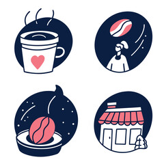 Hand Drawn Coffee Shop and Barista Vector Icon Set with Cup Bean and Storefront
