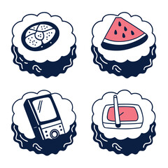 Hand Drawn Lifestyle Vector Icon Set with Sushi Watermelon MP3 Player and Makeup