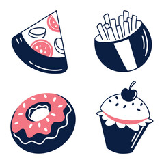 Hand Drawn Fast Food and Dessert Vector Icon Set with Pizza Fries and Donut