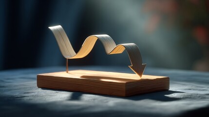 Conceptual depiction of a natural downward trend or economic adjustment, featuring a smooth wooden wavy graph ending in an arrow, set on a rustic wooden base with dramatic lighting.
