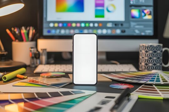 Blank smartphone screen mockup on a graphic designer's desk with color swatches - Powered by Adobe