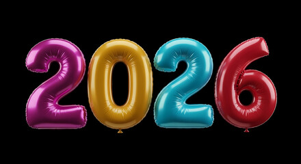 Colorful balloons in the shape of 2026 numbers on black background