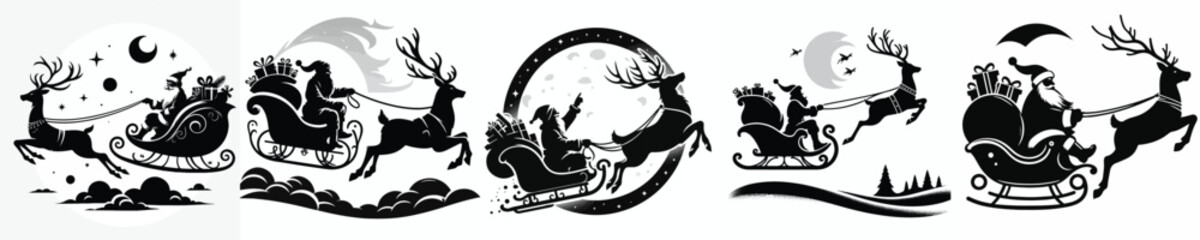 vector silhouette of santa claus with reindeer sleigh distributing christmas gifts © Vector