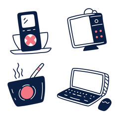 Hand Drawn Retro Technology and Lifestyle Vector Icon Set with MP3 Player Old TV and Noodles