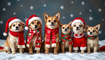 happy pets wearing winter scarves and santa outfits, festive mood