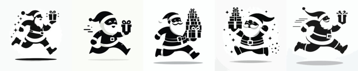 vector silhouette of santa claus running carrying gifts