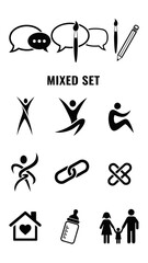 Six essential black vector icons presented in three rows including conversation art motion connection and family two figures represent a man woman and child in abstract modern style